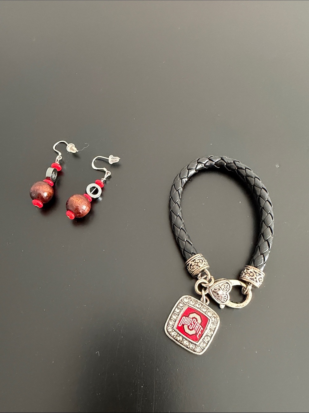 Ohio State Black Braided Leather Bracelet with Red Charm and matching Earrings